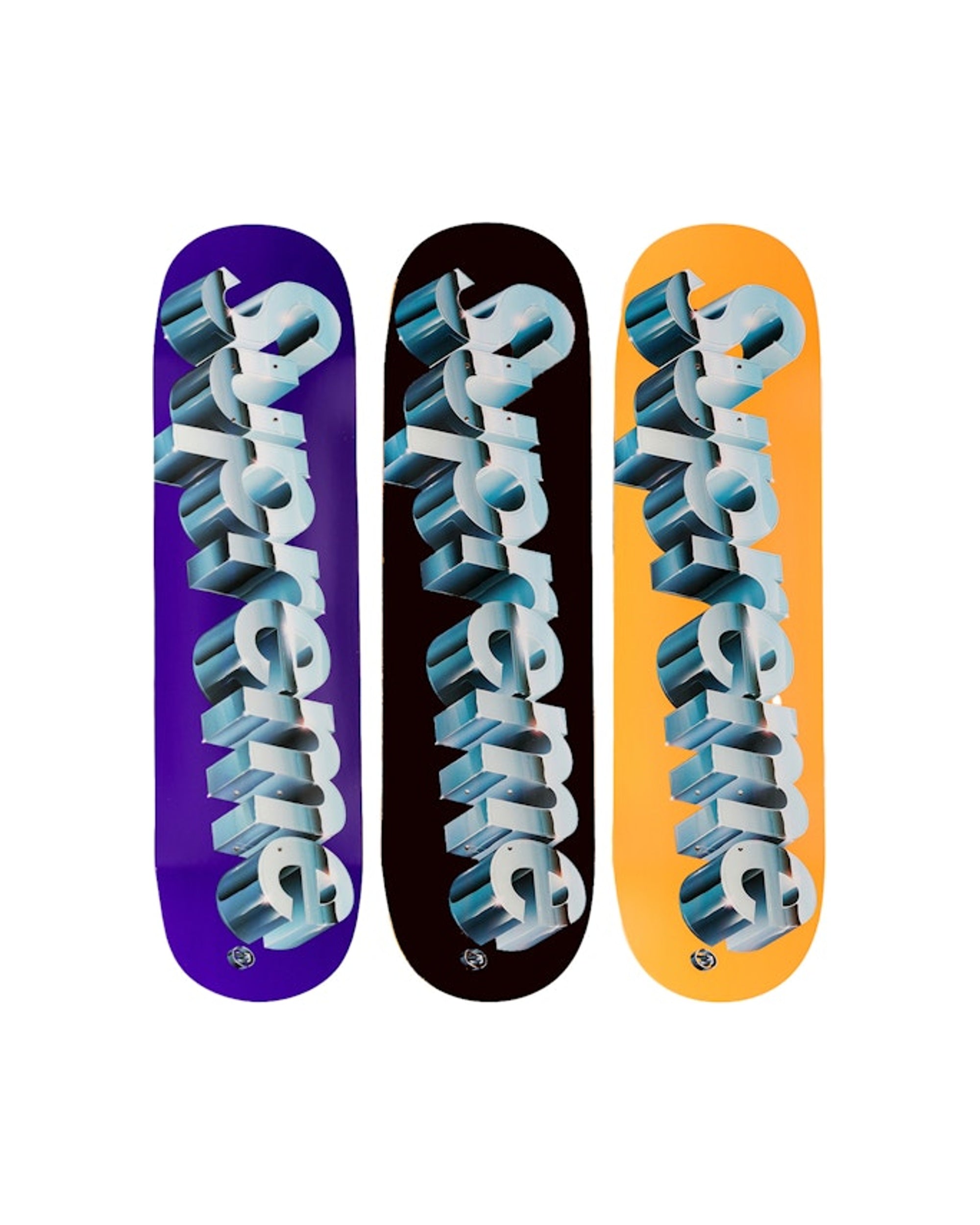 Supreme Chrome Logo Skateboard Deck Black/Orange/Purple Set